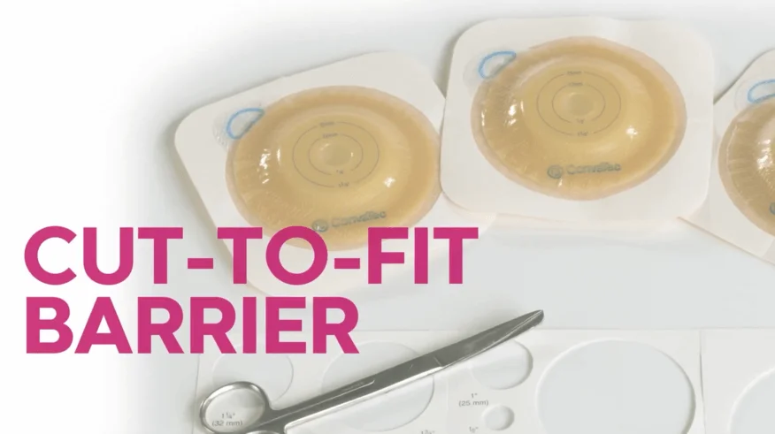 A video thumbnail of 'Application of a Cut-To-Fit Skin Barrier Ostomy System'