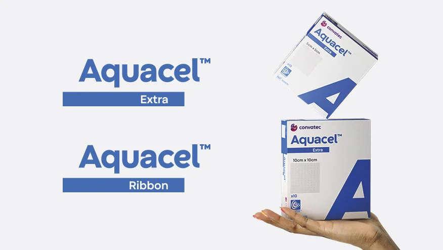 Aquacel Extra and Aquacel Ribbon wound dressing packages are held in hands.