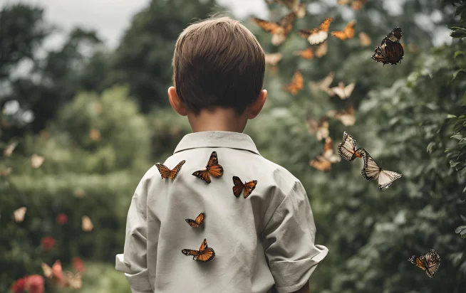 Ein kleiner Junge wird von Schmetterlingen umschwärmt. 