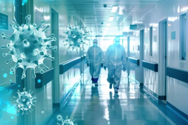 Zwei Personen in steriler Kleidung laufen einen Krankenhausflur entlang. Auf der linken Seite des Bildes sind Bakterien abgebildet. Bild wurde mit KI generiert. 